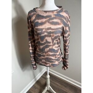 Democracy Womens Medium Tiger Stripe Rib Knit Boat Neck Top Cinched Ruffle Cuff